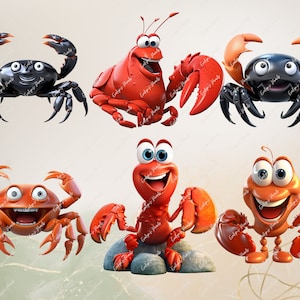 May include: Six cartoon crabs with different expressions. Three are red and three are black. The red crabs have large, round eyes and are smiling. The black crabs have smaller eyes and are looking straight ahead.