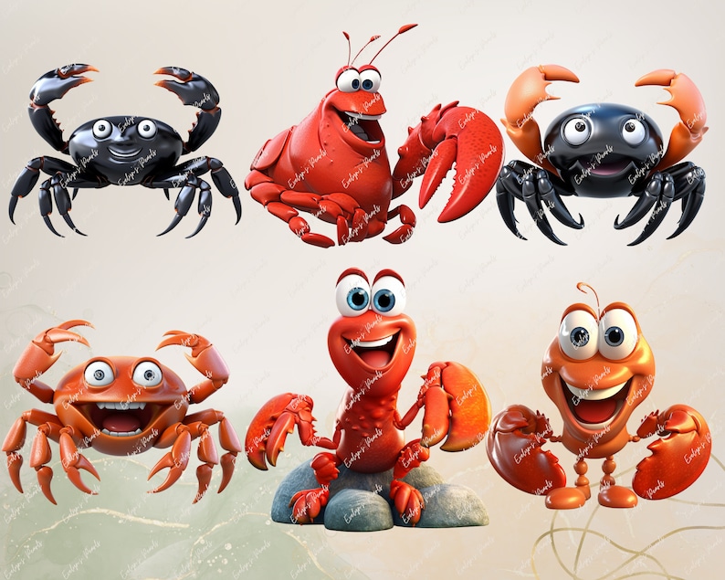 May include: Six cartoon crabs with different expressions. Three are red and three are black. The red crabs have large, round eyes and are smiling. The black crabs have smaller eyes and are looking straight ahead.