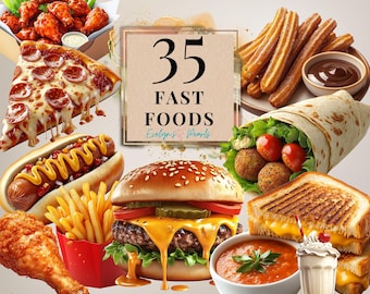 Fast Food Clipart Junk Food PNG Burger Pizza Clipart Tacos PNG Hotdog Clipart Sandwich PNG Food Sticker | Commercial Use Clipart Transparent