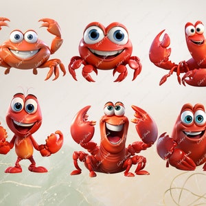 May include: Six cartoon crabs with different expressions. The crabs are red and have large eyes. They are all in different poses.