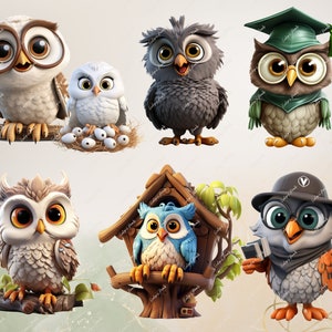 May include: A collection of eight cartoon owls with different colors, patterns, and expressions. Some owls are wearing hats, while others are holding objects. The owls are all in a 3D style.