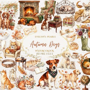 May include: Watercolor illustration featuring various dog breeds in an autumn theme. Includes dogs near a fireplace, reading, and in a basket. The image also has books, flowers, and a globe.