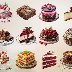 May include: Assortment of cakes and pastries, including a chocolate cake with raspberries, a red velvet cake, a cheesecake with a cherry on top, a brownie, a baklava, and a chocolate mousse dessert.