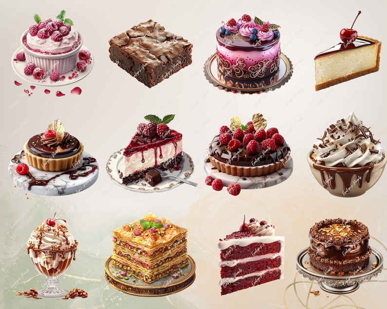 May include: Assortment of cakes and pastries, including a chocolate cake with raspberries, a red velvet cake, a cheesecake with a cherry on top, a brownie, a baklava, and a chocolate mousse dessert.