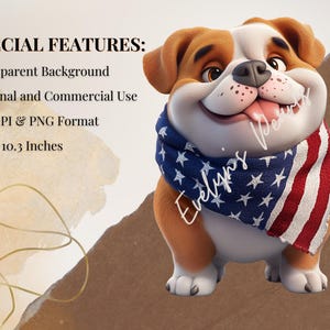Alt Text 2:
Close-up of a smiling cartoon bulldog wearing a USA flag-themed scarf, next to text describing special features like transparent background, PNG format, and 300 DPI resolution.