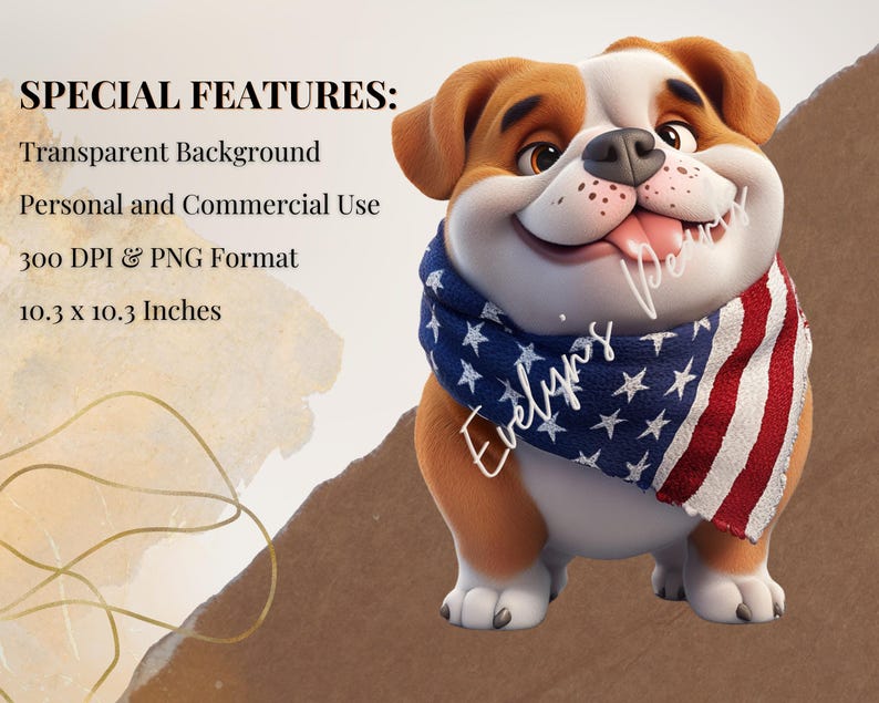 Alt Text 2:
Close-up of a smiling cartoon bulldog wearing a USA flag-themed scarf, next to text describing special features like transparent background, PNG format, and 300 DPI resolution.