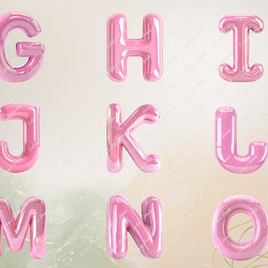Op de afbeelding: Roze glanzende letters van het alfabet van G tot en met O. De letters zijn 3D en hebben een glanzend, reflecterend oppervlak.