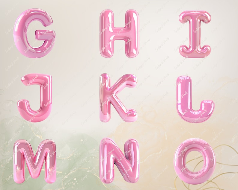 Op de afbeelding: Roze glanzende letters van het alfabet van G tot en met O. De letters zijn 3D en hebben een glanzend, reflecterend oppervlak.