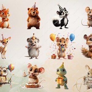 Image 4: "A collection of adorable woodland animals including squirrels, raccoons, deer, and owls, all wearing party hats and holding gifts, with confetti and birthday cakes."