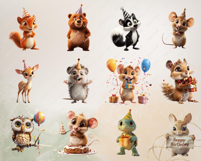 Image 4: "A collection of adorable woodland animals including squirrels, raccoons, deer, and owls, all wearing party hats and holding gifts, with confetti and birthday cakes."