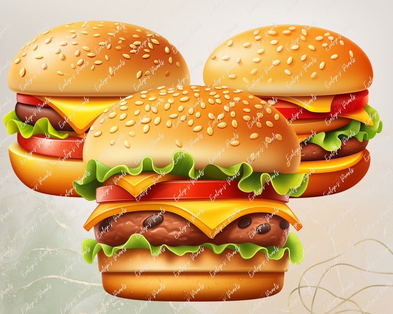 K&ouml;nnte beinhalten: Drei saftige Cheeseburger mit Sesambr&ouml;tchen, Salat, Tomate und K&auml;se.