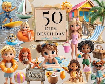Kids Beach Day Clipart Beach PNG Summer Seaside Vacation Clipart Children at Beach with Floaties, Surfboards PNG  | Commercial Use Clipart