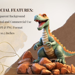 May include: A cartoon dinosaur with a green, orange, and white body stands on a pile of brown rocks. The dinosaur has a wide open mouth and is smiling. The background is a light brown color.