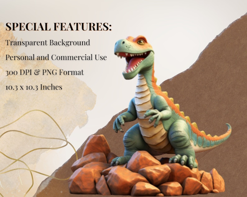 May include: A cartoon dinosaur with a green, orange, and white body stands on a pile of brown rocks. The dinosaur has a wide open mouth and is smiling. The background is a light brown color.