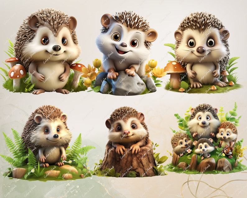 May include: Six cartoon hedgehogs with brown and white spines, brown eyes, and pink noses. The hedgehogs are in various poses, some are sitting on logs, some are standing on the ground, and some are surrounded by green leaves.