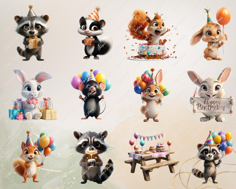 Image 5: "A group of animated woodland creatures such as bunnies, skunks, and raccoons enjoying a birthday celebration with balloons, gifts, and cupcakes in a festive atmosphere."