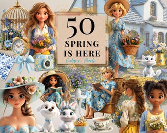 Spring Is Here Clipart Blue Spring PNG Garden, Cottage Clipart Floral Spring PNG Countryside Clipart Girl  PNG | Commercial Use Clipart