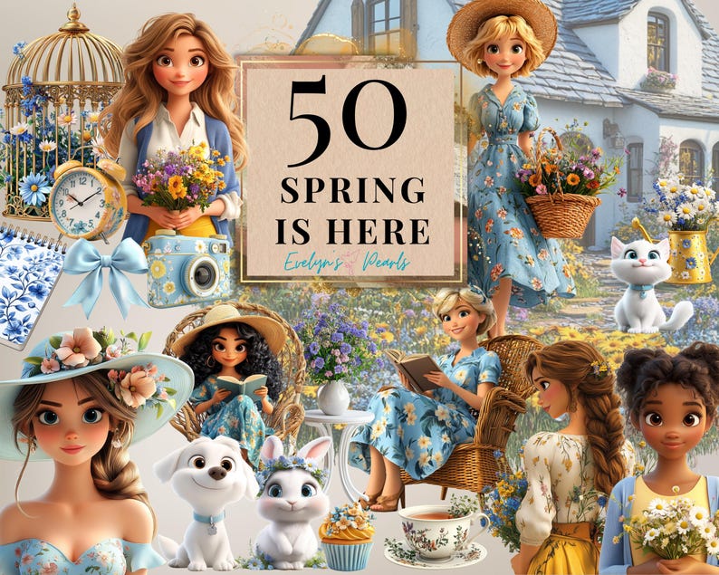Spring is Here Clipart Blue Spring PNG Garden, Cottage Clipart Floral ...