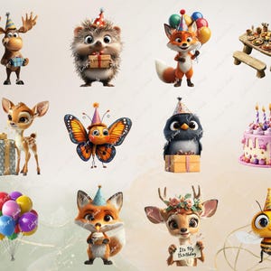 Image 6: "Various woodland animals including foxes, deer, and hedgehogs wearing party hats, holding presents, and standing next to birthday cakes and picnic setups."