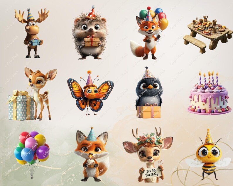 Image 6: "Various woodland animals including foxes, deer, and hedgehogs wearing party hats, holding presents, and standing next to birthday cakes and picnic setups."