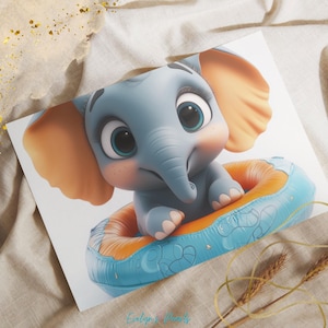 Image 6:
Mockup showing a printed card featuring a close-up of a baby elephant in an orange and blue float, lying on soft beige fabric with wheat decoration and golden accents.