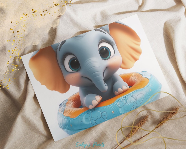 Image 6:
Mockup showing a printed card featuring a close-up of a baby elephant in an orange and blue float, lying on soft beige fabric with wheat decoration and golden accents.