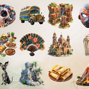 以下が含まれることがあります： メキシコ文化の様々な側面を描いたカラフルなイラストのコレクション。砂糖の頭蓋骨、スクールバス、渓谷、伝統的なマスク、タコス、ハンドファン、教会、ミルクシェイク、犬、マヤのピラミッド、巻かれたトルティーヤの皿、火山などがあります。