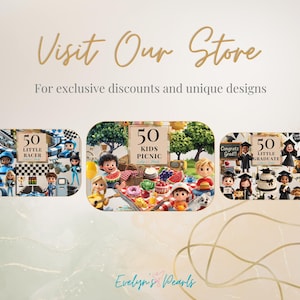 Alt Text 9:
A soft promotional banner shows previews of other clipart packs, including “Little Racer,” “Kids Picnic,” and “Little Graduate,” inviting viewers to visit the store for exclusive discounts and designs.