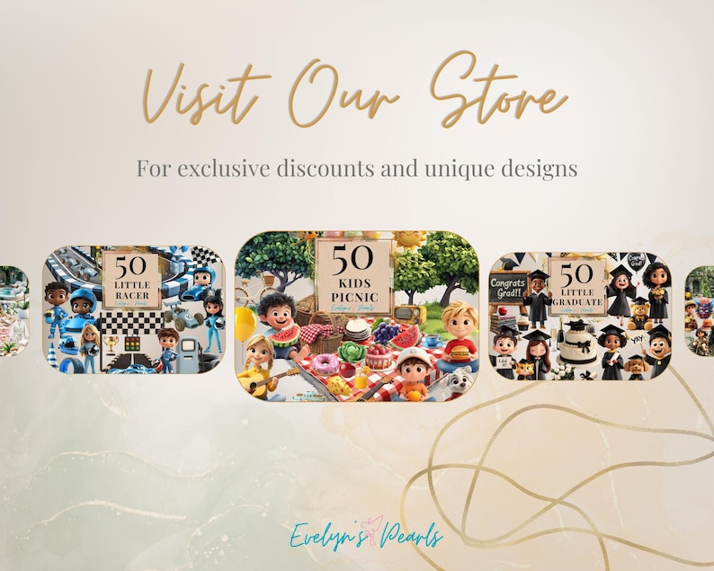 Alt Text 9:
A soft promotional banner shows previews of other clipart packs, including “Little Racer,” “Kids Picnic,” and “Little Graduate,” inviting viewers to visit the store for exclusive discounts and designs.