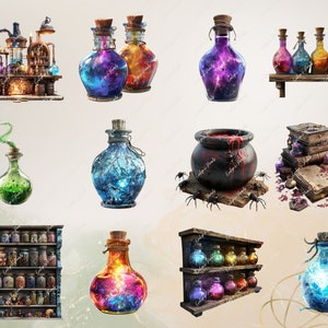 Puede incluir: Una colecci&oacute;n de botellas de vidrio llenas de l&iacute;quidos coloridos y purpurina que gira. Algunas botellas tienen tapones de corcho, mientras que otras tienen tapas de metal. Las botellas est&aacute;n dispuestas en estantes y mesas, con algunas botellas sentadas en una mesa de madera con un caldero en el centro. Las botellas est&aacute;n rodeadas de libros, rollos y otros objetos m&aacute;gicos.