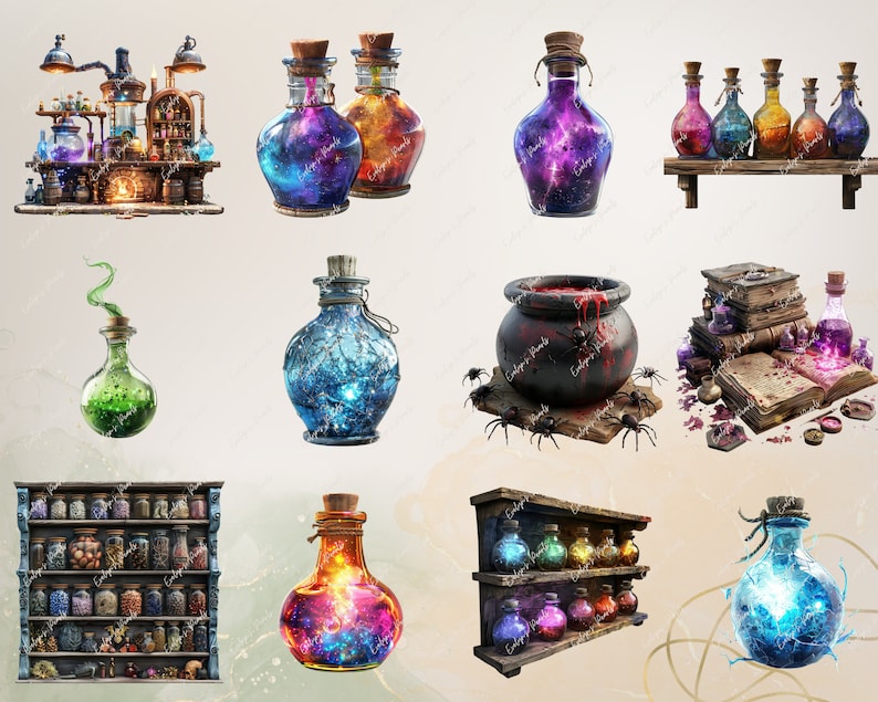 Puede incluir: Una colecci&oacute;n de botellas de vidrio llenas de l&iacute;quidos coloridos y purpurina que gira. Algunas botellas tienen tapones de corcho, mientras que otras tienen tapas de metal. Las botellas est&aacute;n dispuestas en estantes y mesas, con algunas botellas sentadas en una mesa de madera con un caldero en el centro. Las botellas est&aacute;n rodeadas de libros, rollos y otros objetos m&aacute;gicos.