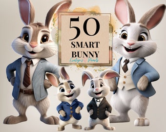 Rabbit Clipart Smart Bunny PNG Dressed Up Bunny Clipart Cartoon Bunnies PNG Animal Clipart Spring PNG | Commercial Use Clipart Transparent
