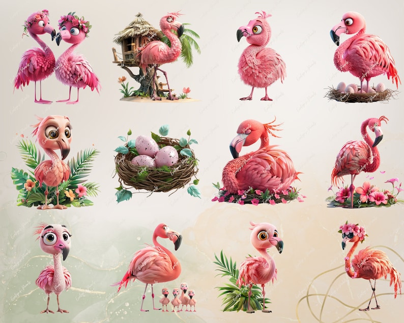 May include: A collection of pink flamingo illustrations with various poses and accessories, including a nest with eggs, a tropical tree, and flowers.