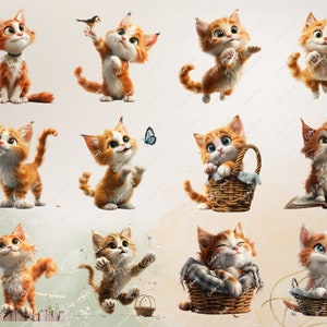 May include: A collection of 12 digital illustrations featuring a cute orange tabby cat in various poses. The cat is depicted in different settings, including a basket, a book, and a flower garden.