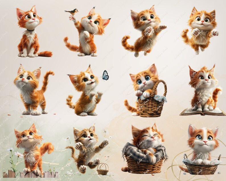 May include: A collection of 12 digital illustrations featuring a cute orange tabby cat in various poses. The cat is depicted in different settings, including a basket, a book, and a flower garden.