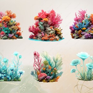 May include: Six colorful coral reef scenes with various coral, fish, and sea life. The coral is in shades of pink, orange, red, blue, and green. The fish are in shades of blue, yellow, orange, and red.