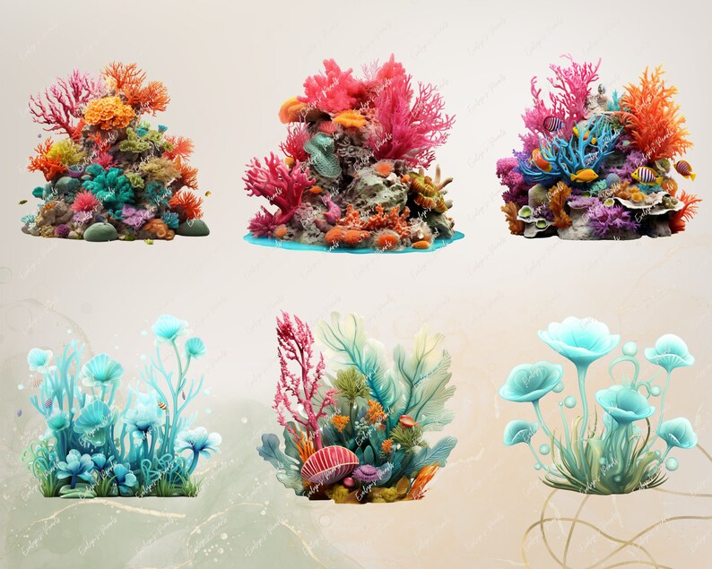 May include: Six colorful coral reef scenes with various coral, fish, and sea life. The coral is in shades of pink, orange, red, blue, and green. The fish are in shades of blue, yellow, orange, and red.