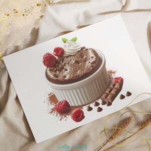 May include: A white ramekin filled with a chocolate mousse topped with whipped cream and raspberries. Chocolate shavings and chocolate chips are scattered around the ramekin.