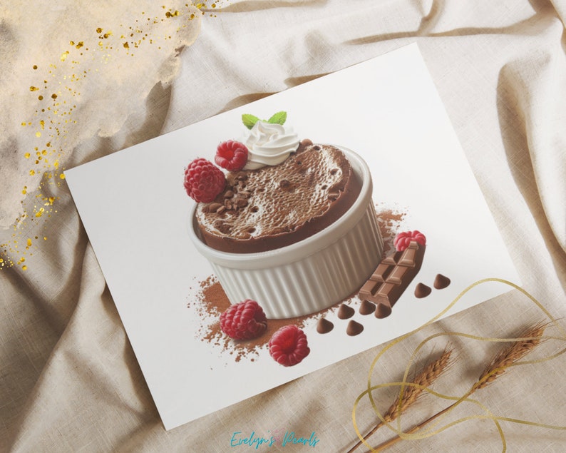 May include: A white ramekin filled with a chocolate mousse topped with whipped cream and raspberries. Chocolate shavings and chocolate chips are scattered around the ramekin.