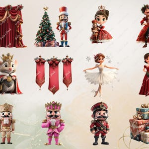 "Nutcracker-themed holiday illustrations with festive characters, decorated Christmas tree, Nutcracker soldiers, royal mouse, ballerina, red curtains, banners, and wrapped presents."