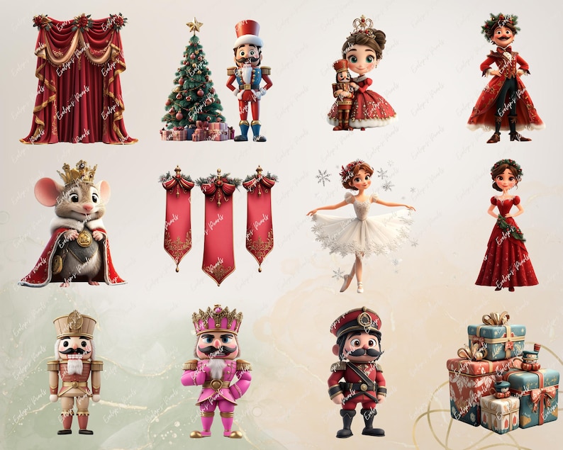 "Nutcracker-themed holiday illustrations with festive characters, decorated Christmas tree, Nutcracker soldiers, royal mouse, ballerina, red curtains, banners, and wrapped presents."