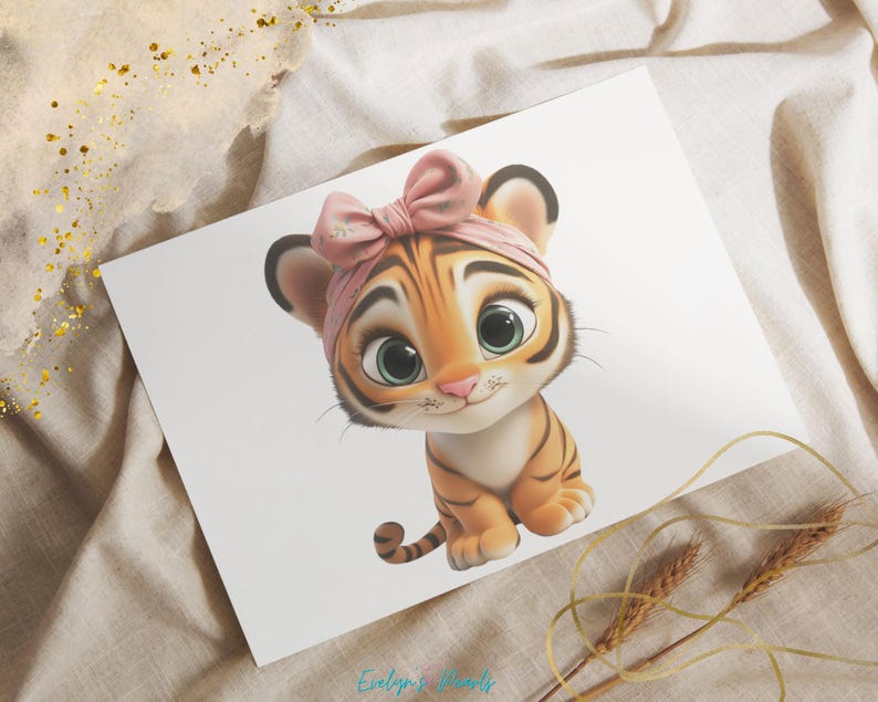 May include: A cartoon tiger cub with orange and black stripes wearing a pink headband with a floral pattern. The tiger has large green eyes and a pink nose.