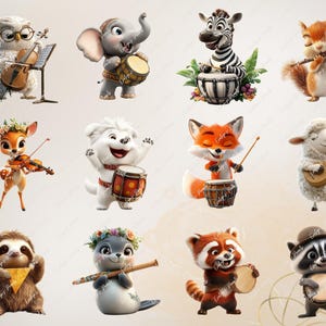 Alt Text 4:
Twelve charming animal characters like raccoons, cats, elephants, and zebras are shown playing instruments such as flutes, guitars, and drums on a light background. All are in Pixar-style 3D cartoon format.