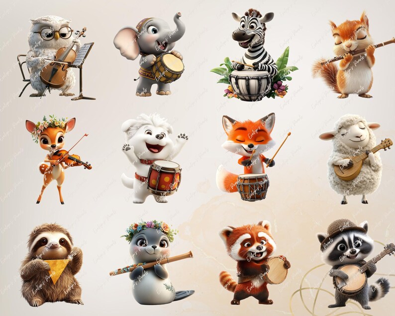 Alt Text 4:
Twelve charming animal characters like raccoons, cats, elephants, and zebras are shown playing instruments such as flutes, guitars, and drums on a light background. All are in Pixar-style 3D cartoon format.