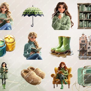 Multiple cozy rainy-day items including girls in sweaters reading, slippers, candles, boots, townhouses, and bookshelves, in soft green and brown tones.