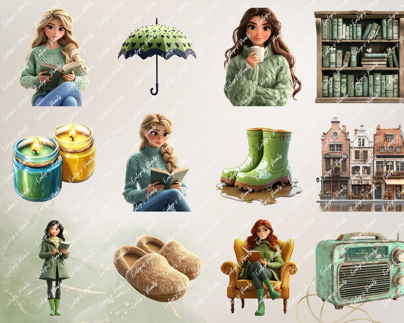 Multiple cozy rainy-day items including girls in sweaters reading, slippers, candles, boots, townhouses, and bookshelves, in soft green and brown tones.