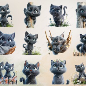May include: A collection of 10 digital illustrations featuring cute, cartoon-style gray kittens in various poses. The kittens are depicted in different settings, including a basket, a swing, and a fence.