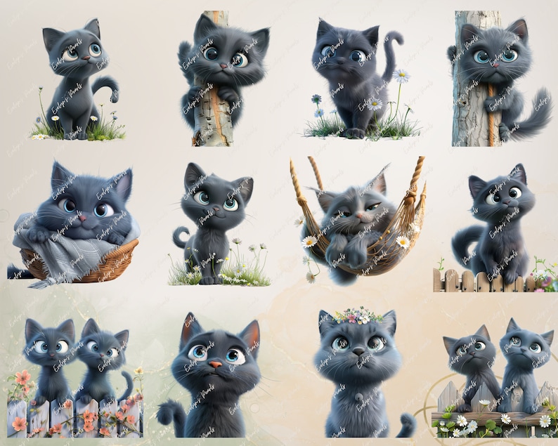 May include: A collection of 10 digital illustrations featuring cute, cartoon-style gray kittens in various poses. The kittens are depicted in different settings, including a basket, a swing, and a fence.