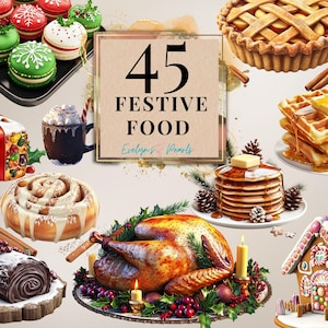 Clipart żywnościowy Świąteczny zimowy PNG Clipart indyka Pierniki PNG Gorące napoje Clipart Słodkie smakołyki | Clipart do użytku komercyjnego Przezroczysty