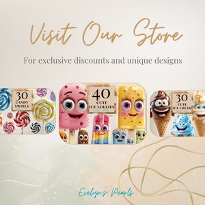 May include: A digital illustration of 3 sets of colorful cartoon ice cream and candy. The first set is 30 candy swirls, the second set is 40 ice lollies, and the third set is 30 cute ice cream. The text "Evelyn's Pearls" is at the bottom of the image.